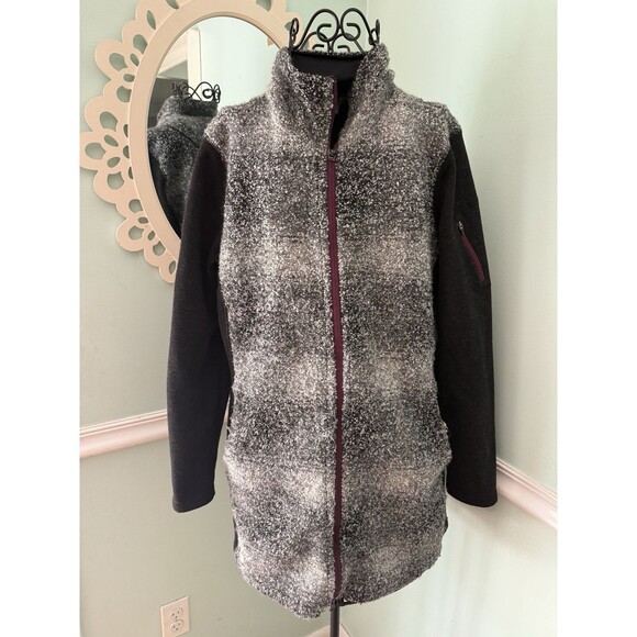 Title Nine Long Sweater Jacket Wool Blend Coat Size Large Gray Black Plaid - Picture 1 of 8
